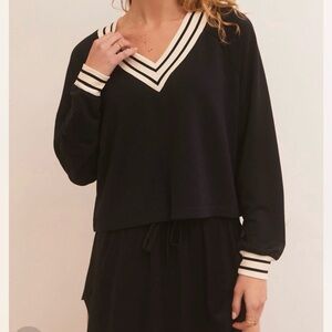 Z Supply Off the Court Sweatshirt V Neck Varsity Stripe Black Size M